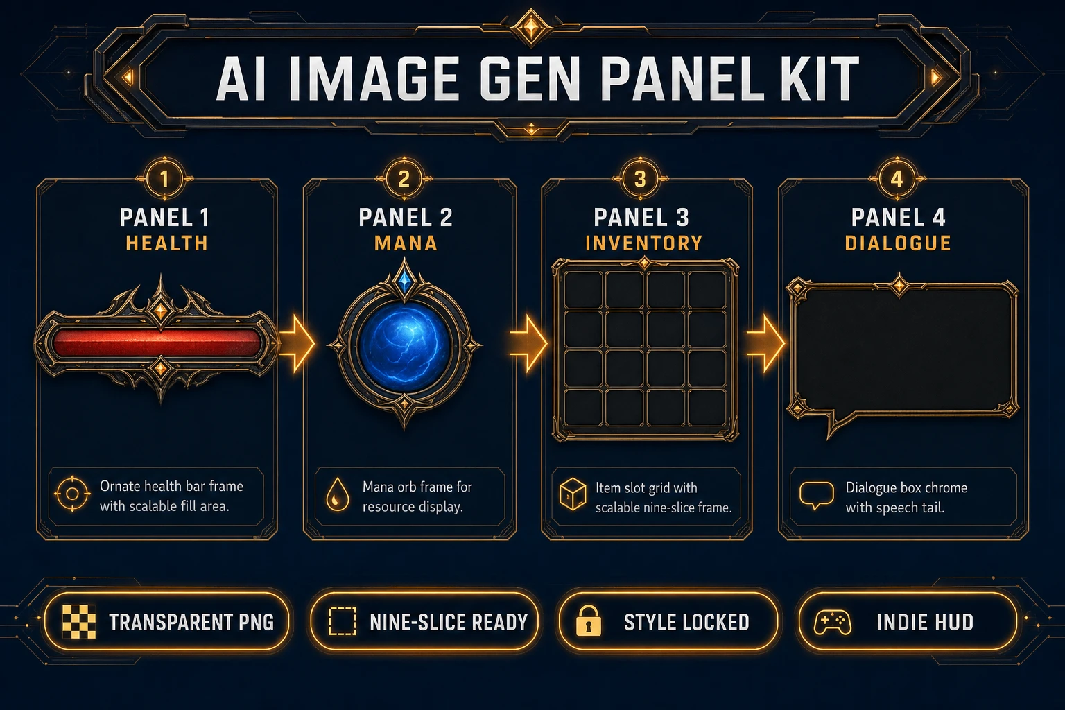 AI UI generator panel kit showing health mana inventory and dialogue chrome drafts from AI Image Gen, verified July 17, 2026