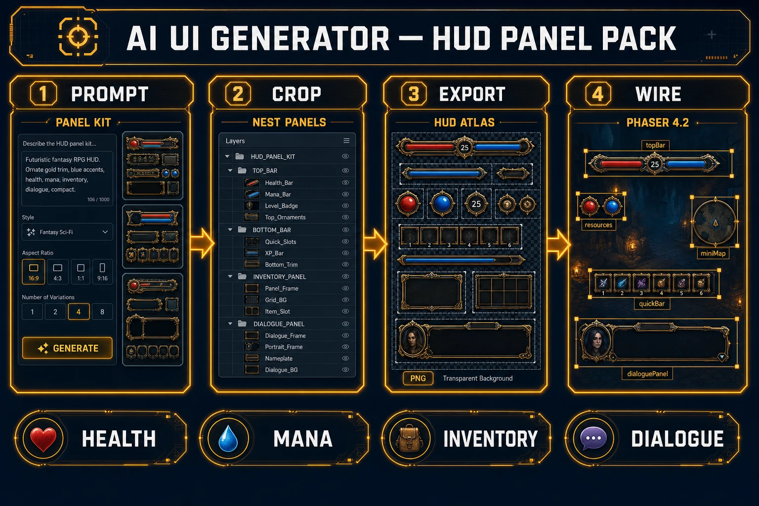 AI UI generator in 2026, four-step HUD panel pack from AI Image Gen through Canvas nesting and Phaser wiring, verified July 17, 2026