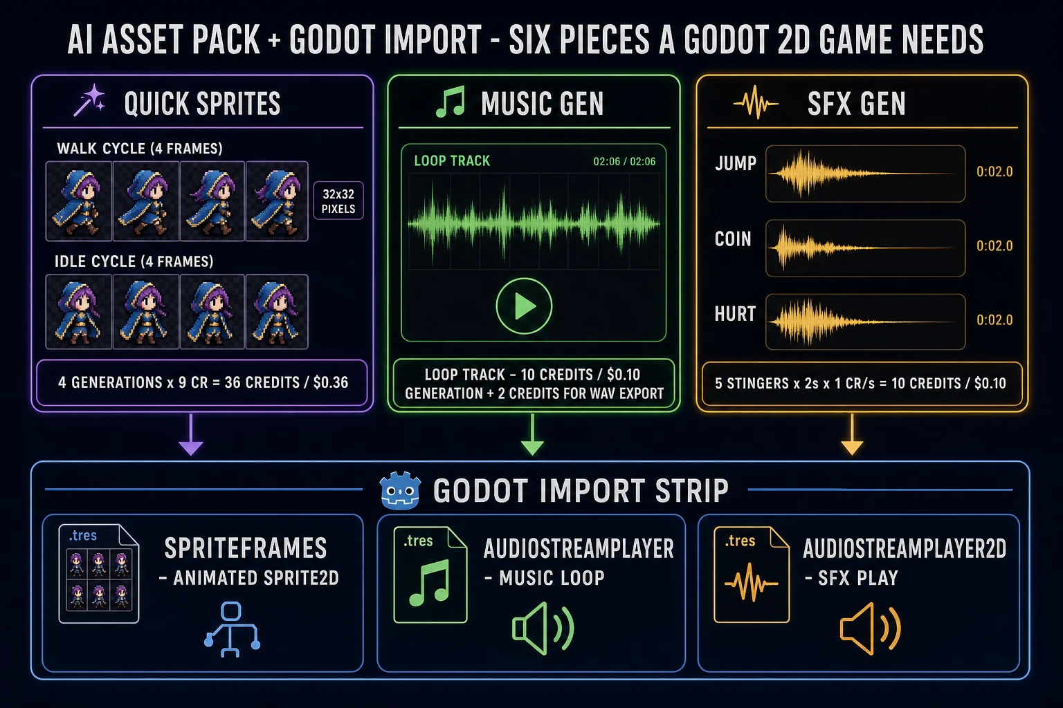 Godot 2D asset pipeline: Quick Sprites atlas, Music Gen loop track, SFX Gen stinger pack, and Godot import destinations - SpriteFrames, AudioStreamPlayer, AudioStreamPlayer2D