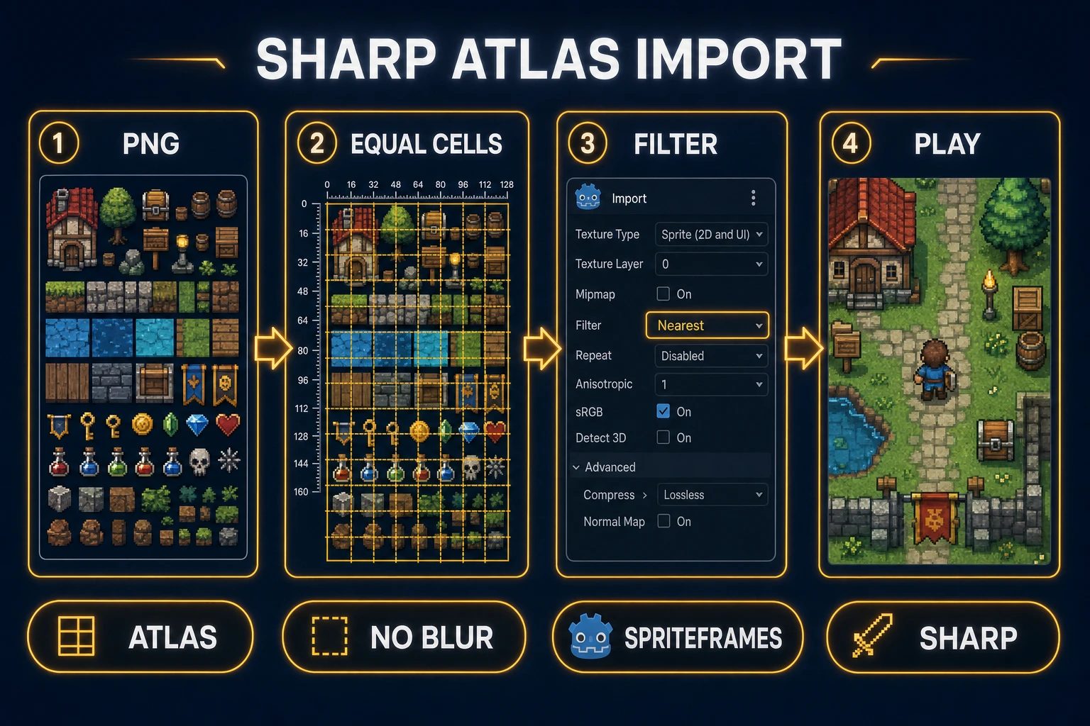 Sharp how to make a sprite sheet for Godot import: atlas PNG, equal cells, nearest filter, crisp playfield