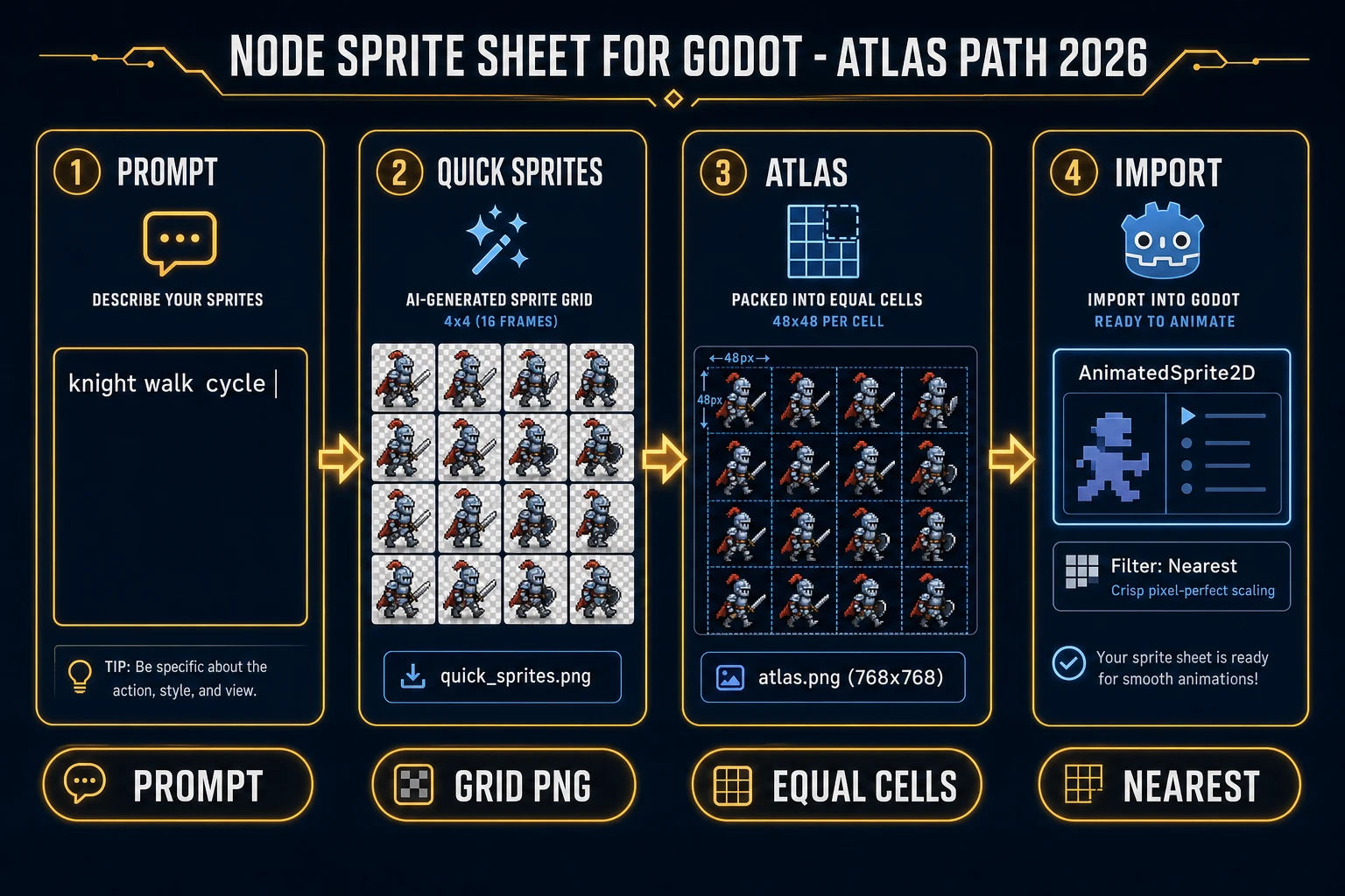 How to make a sprite sheet for Godot atlas pipeline: prompt, Quick Sprites grid, equal cells, nearest import