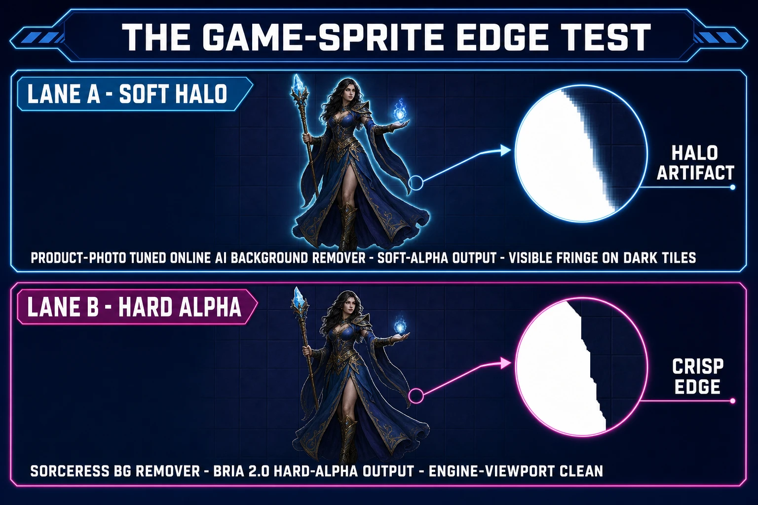 Side-by-side game sprite edge test diagram - left lane labelled SOFT HALO from a product-photo tuned online AI background remover with a faint glowing ring around the character silhouette over a dark tile background producing a visible fringe artifact - right lane labelled HARD ALPHA from Sorceress BG Remover showing the same character with a crisp clean silhouette and no fringe - dark navy background with magenta and emerald accents