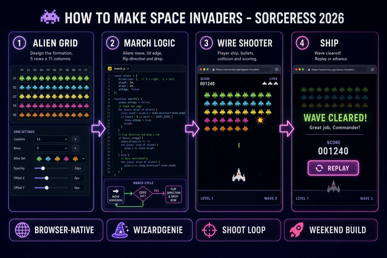 How to make Space Invaders browser pipeline: model an alien grid that marches and descends, wire player movement and bullet fire in WizardGenie, and ship a browser shoot loop