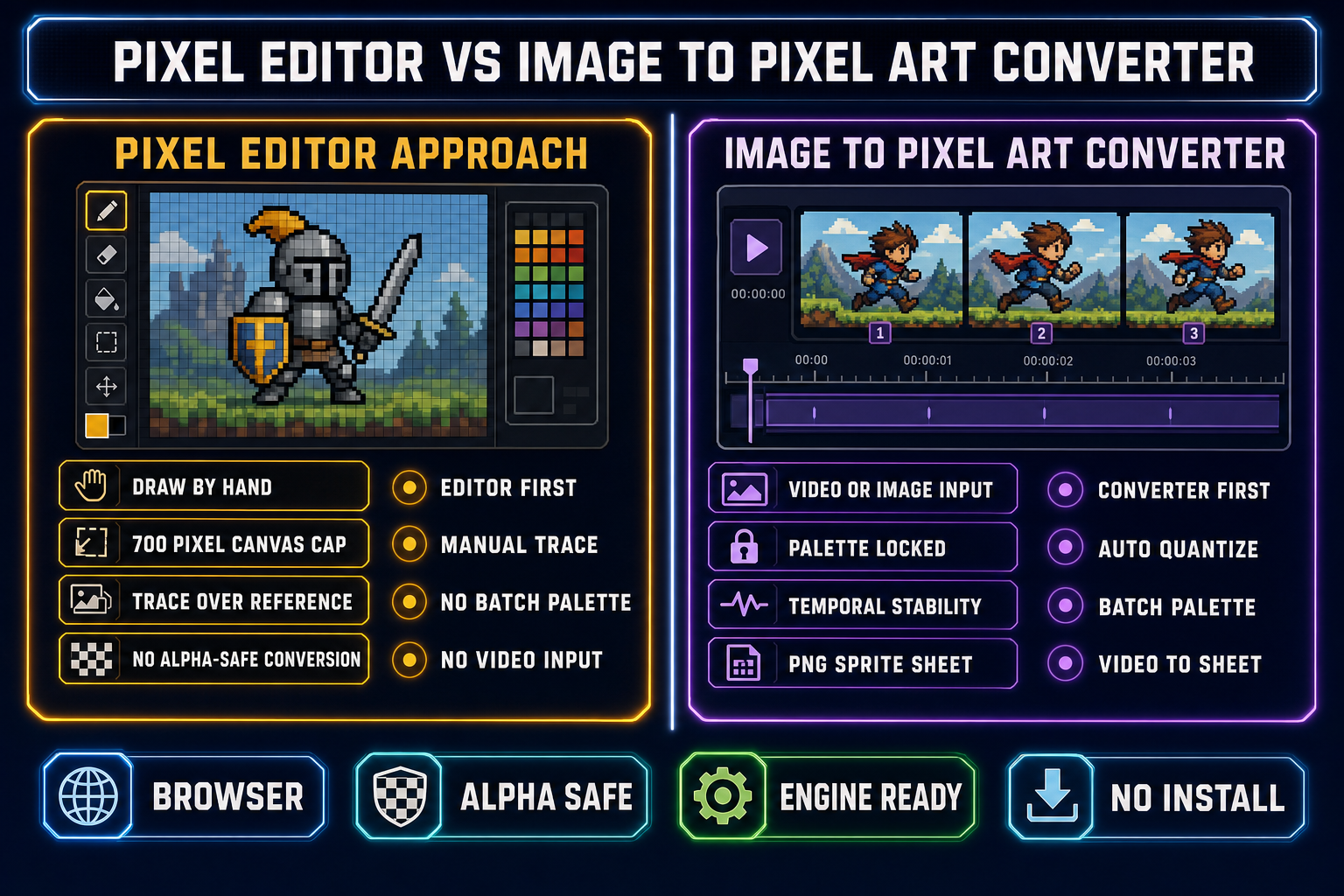Side-by-side comparison of a pixel-editor approach versus an image to pixel art converter approach &mdash; manual canvas trace versus auto-quantize, no batch palette versus shared palette, no video input versus video to sprite sheet