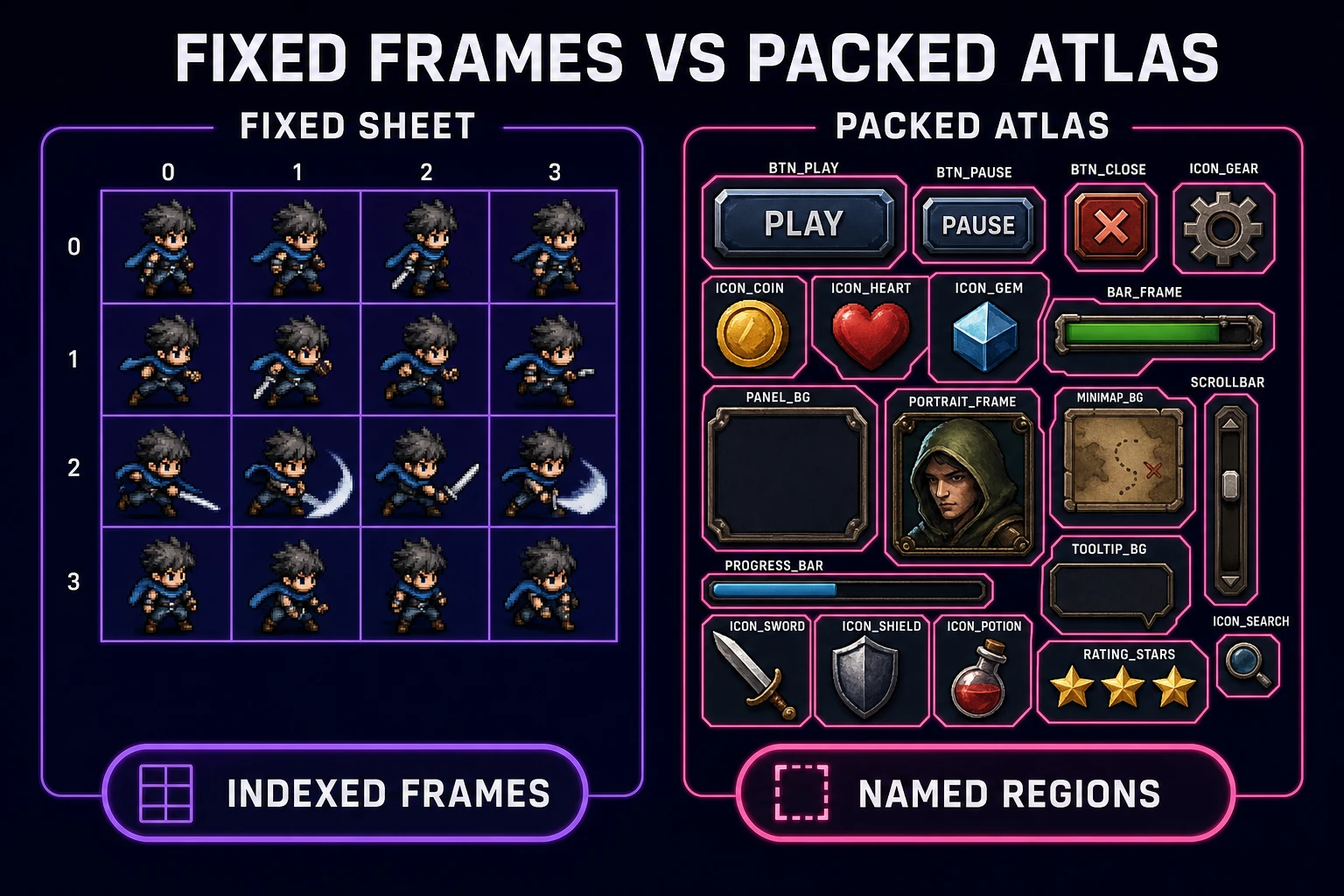 Scorecard comparing fixed-size sprite sheets versus packed texture atlases for game engines