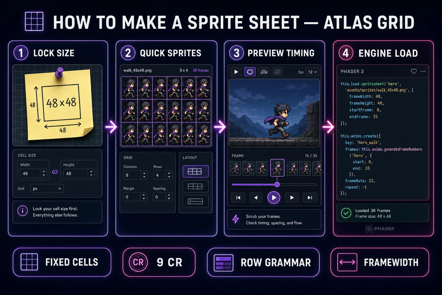 How to make a sprite sheet workflow from locked frame size through Quick Sprites walk pack to Phaser load