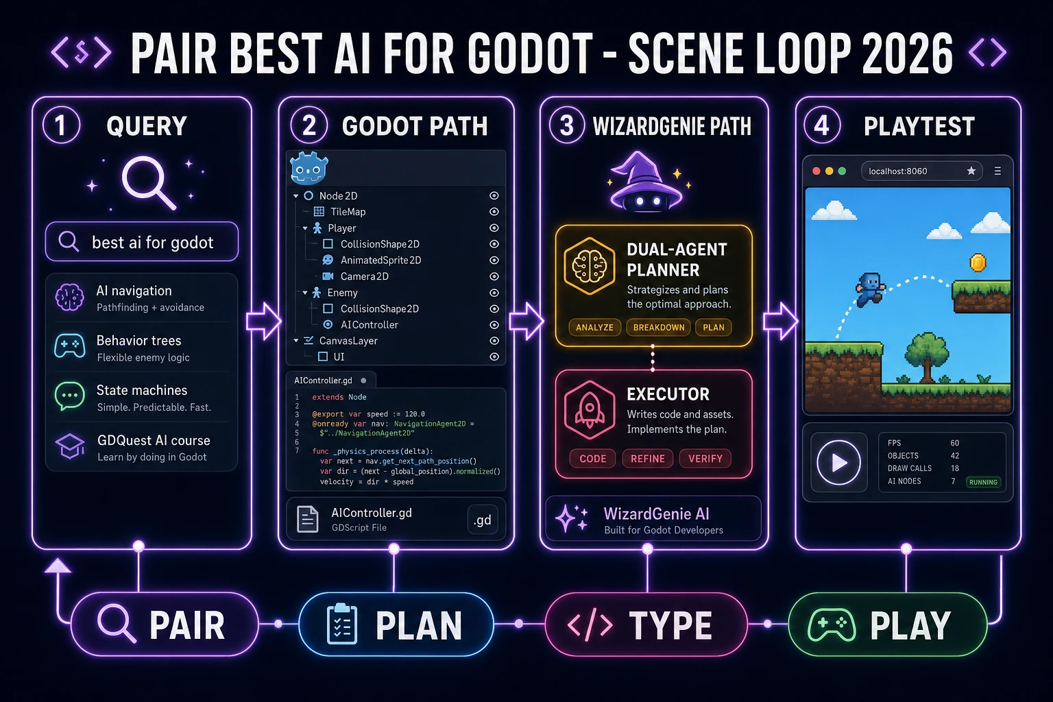 Best AI for Godot scene loop 2026 four-panel pairing diagram