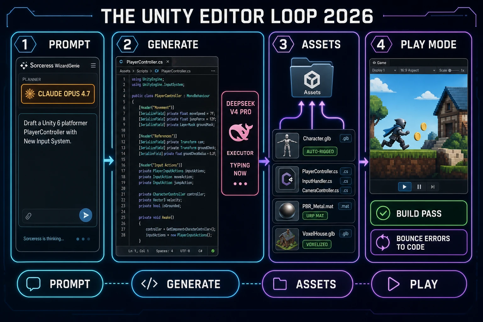 Unity editor loop 2026 diagram showing WizardGenie planner Opus 4.7 prompt leading to DeepSeek V4 Pro executor typing PlayerController.cs then assets folder receiving character.glb PBR .mat voxel.glb files then Unity Play Mode running a platformer scene with a chip bounce errors to Code