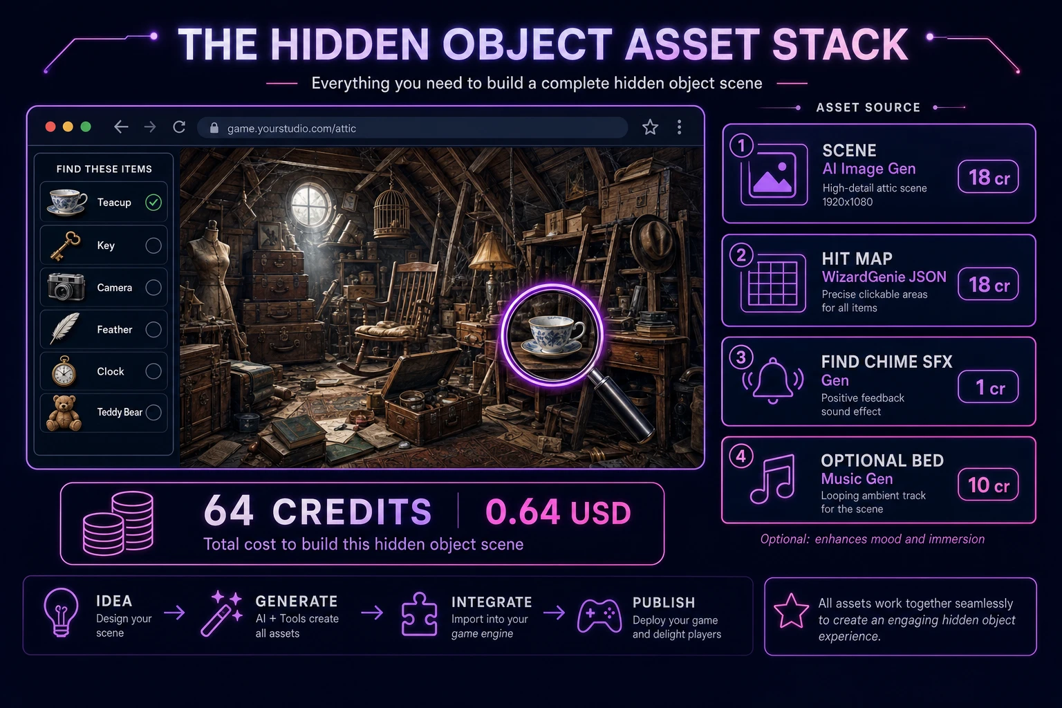 Hidden object asset stack diagram showing cluttered scene from AI Image Gen, hit region map, find list UI, and SFX Gen discovery chimes
