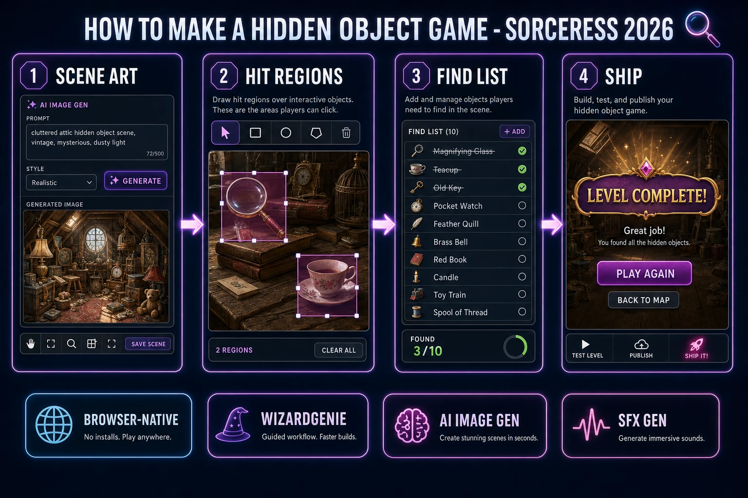 How to make a hidden object game browser pipeline: generate cluttered scene art, wire click hit regions and find list in WizardGenie, and ship a browser find loop