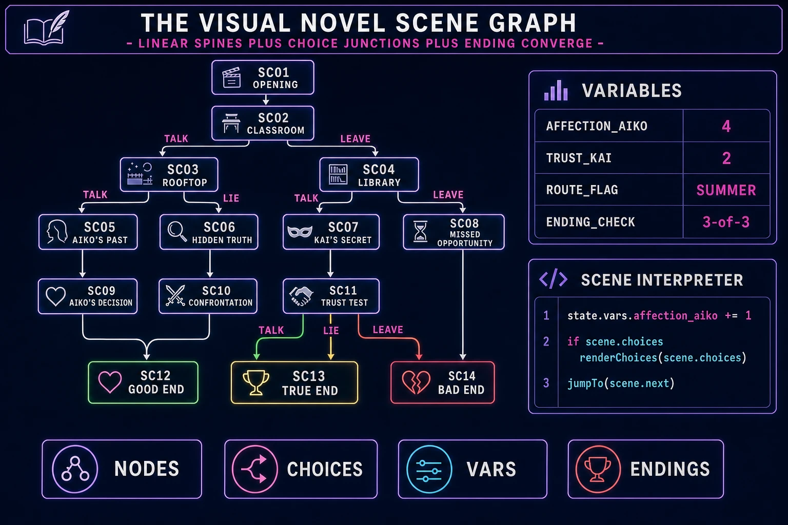 Visual novel scene graph diagram showing scene nodes with linear and choice branches, ending nodes for good, true, and bad endings, and a variables panel tracking affection and trust values