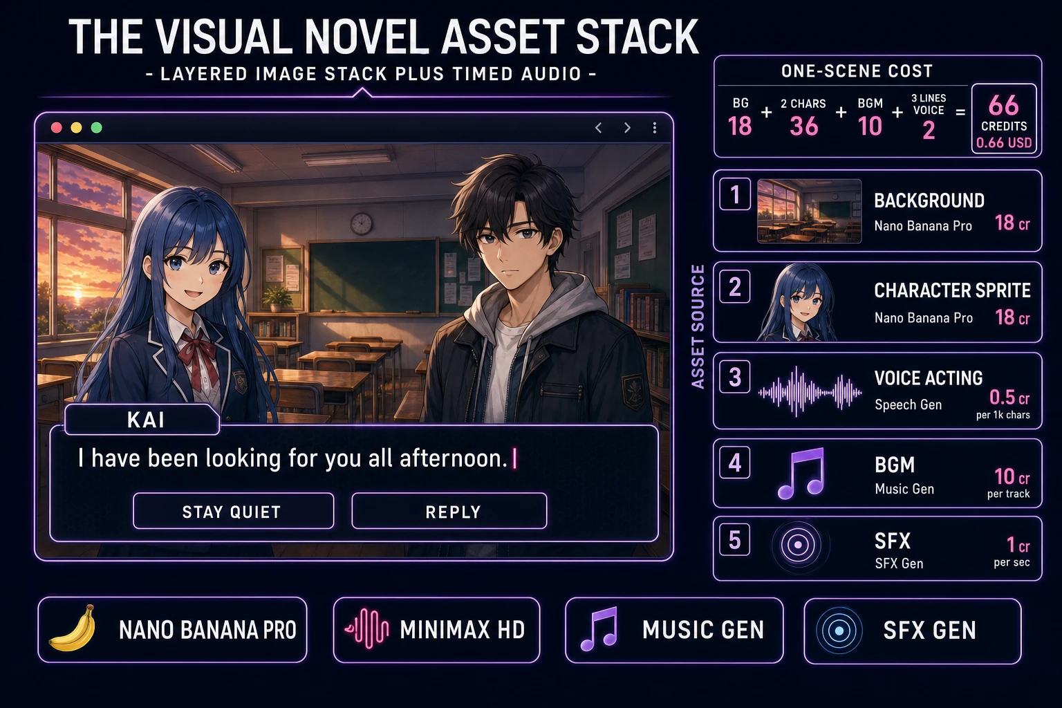 Visual novel asset stack showing a rendered VN scene with painted background, two character portraits, dialogue box with speaker name and choice buttons, plus per-asset credit costs from Sorceress tools