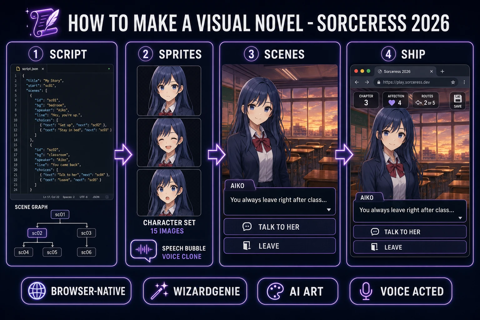 How to make a visual novel browser pipeline: scene script, character sprites, layered scene layout, and shipped browser build with WizardGenie and Sorceress toolset