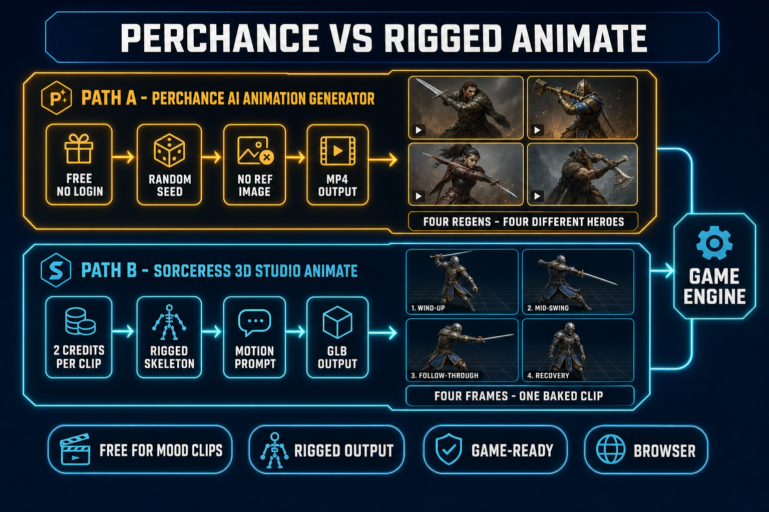 Side-by-side comparison diagram of Perchance AI animation generator versus Sorceress 3D Studio Animate - top lane shows Perchance with four different-looking warrior characters in four swing poses from four regenerations - bottom lane shows Sorceress with the same warrior character mid-swing at four different progress points from one baked clip - both lanes converging on a game engine destination
