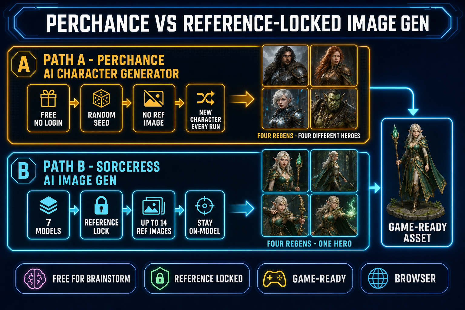 Side-by-side comparison diagram of Perchance AI character generator versus Sorceress AI Image Gen - top lane shows Perchance with four different-looking characters from four regenerations - bottom lane shows Sorceress with the same elf character in four different poses from four regenerations - both lanes converging on a game-ready asset
