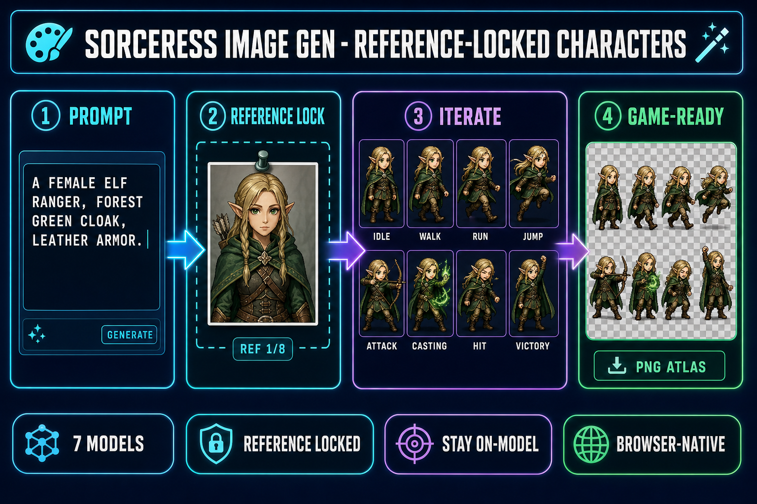 Reference-locked AI character generation pipeline showing four steps inside Sorceress AI Image Gen - type a prompt, pin a reference image, iterate eight character variants from the same source, export a game-ready sprite sheet - on a dark navy background with cyan and purple accents
