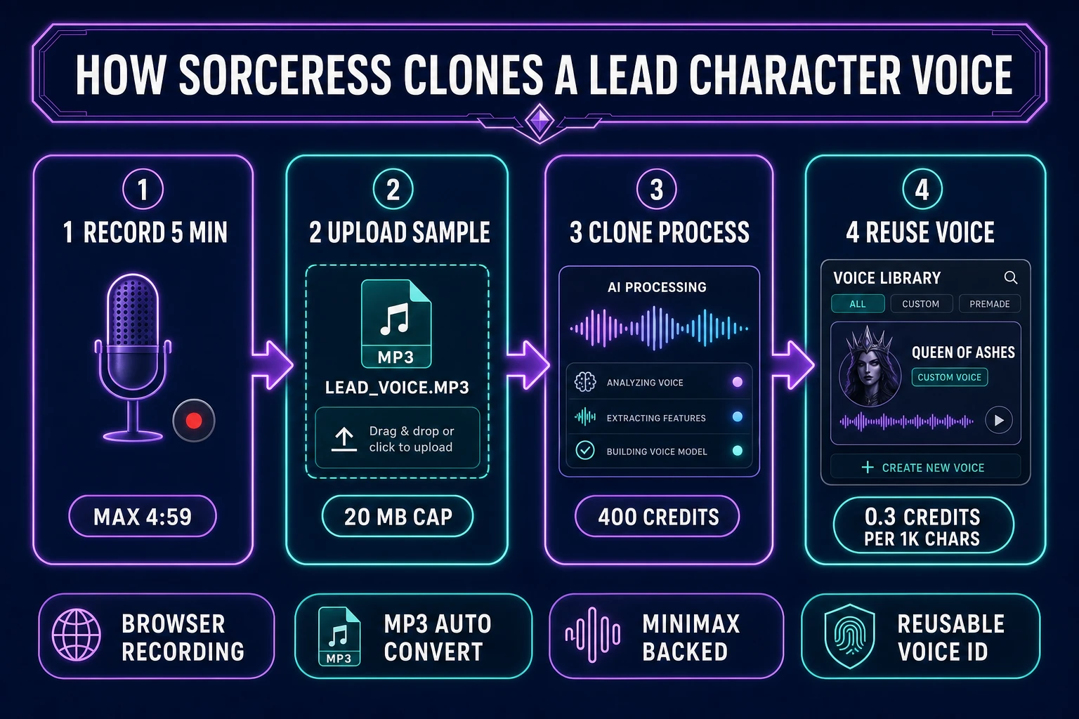 How Sorceress clones a lead character voice - four-panel flow from 5-minute recording to sample upload to clone processing to reusable voice ID