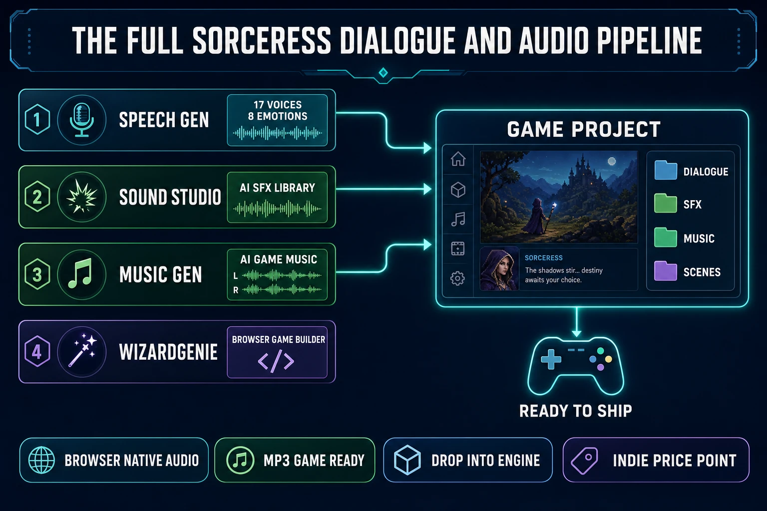 The full Sorceress dialogue and audio pipeline - Speech Gen for voices, Sound Studio for SFX, Music Gen for music, WizardGenie for the game itself, all feeding one game project