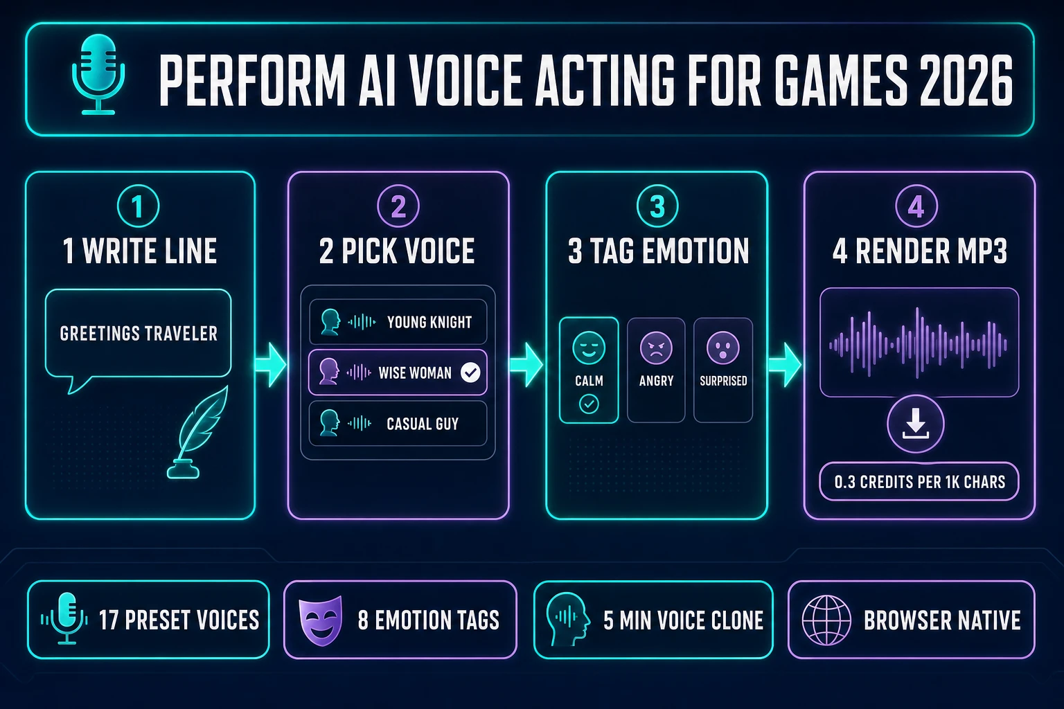 Perform ai voice acting for games - four-panel pipeline from written line to picked voice to emotion tag to rendered MP3