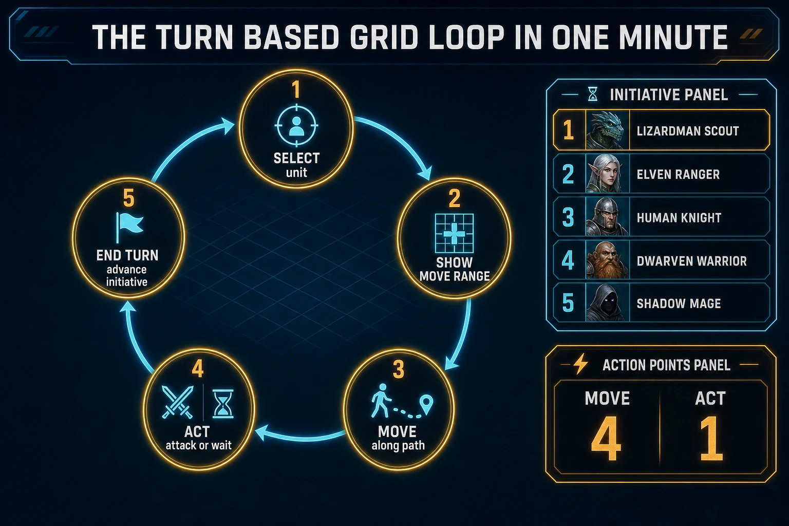 Turn based game loop state machine diagram showing select unit, show move range, move along path, act attack or wait, and end turn