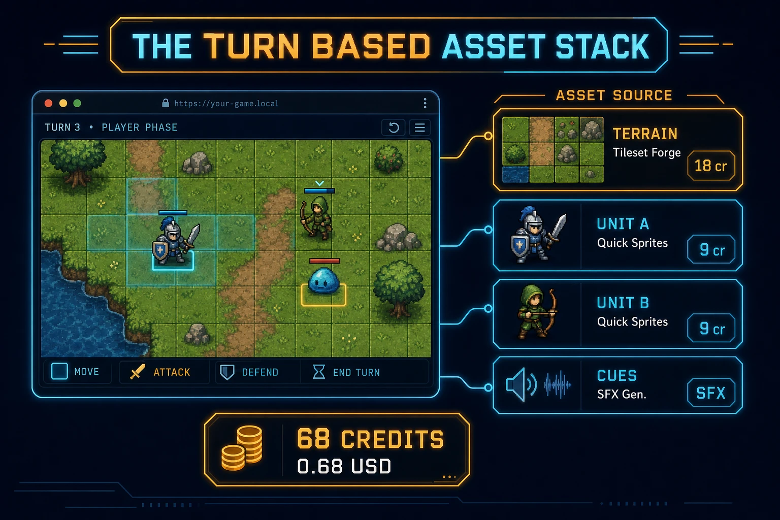 Turn based game asset stack diagram showing Tileset Forge terrain, Quick Sprites units, and SFX Gen cues with 68 credit total