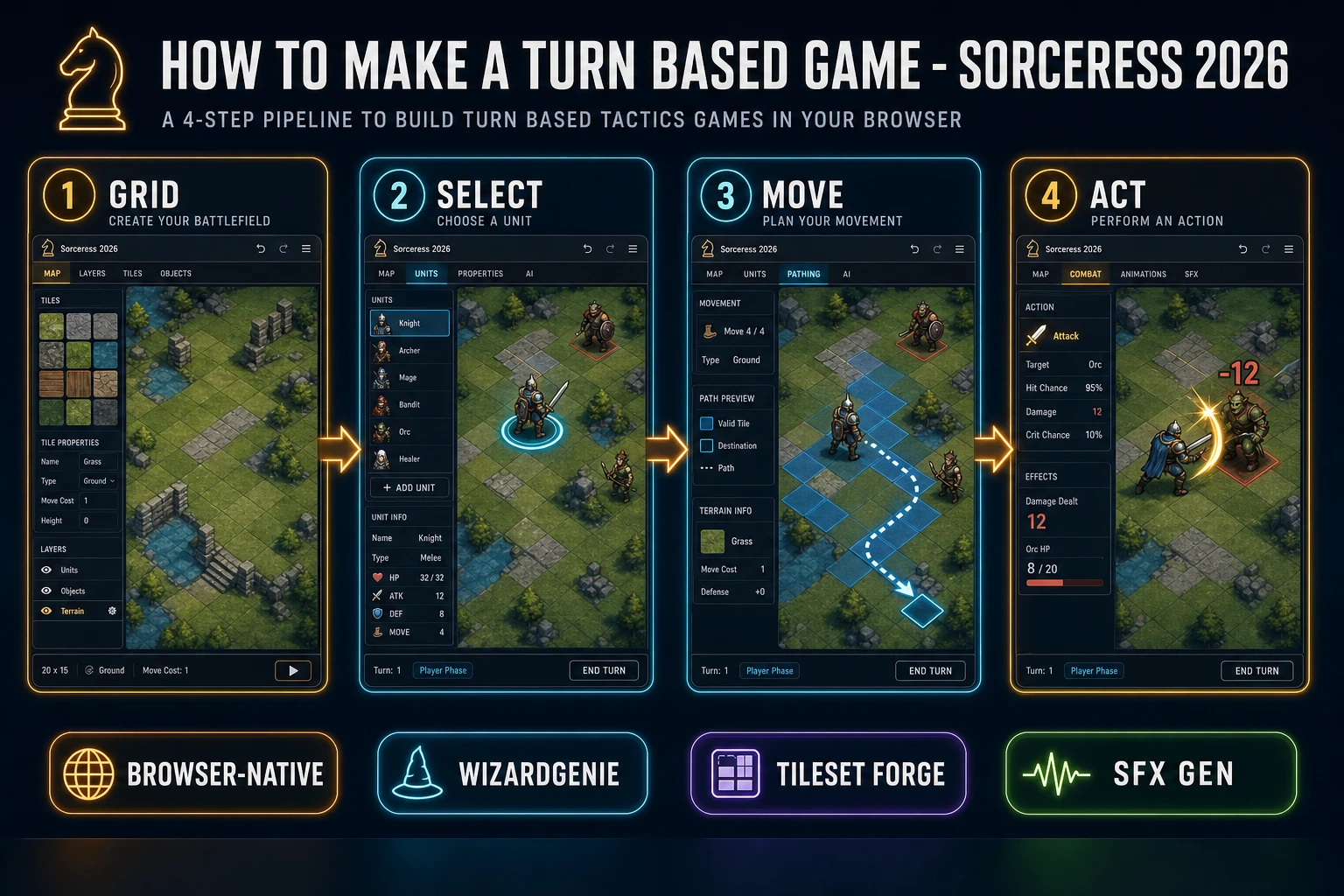 How to make a turn based game browser pipeline: wire grid select-move-act turns in WizardGenie, then ship a browser grid loop