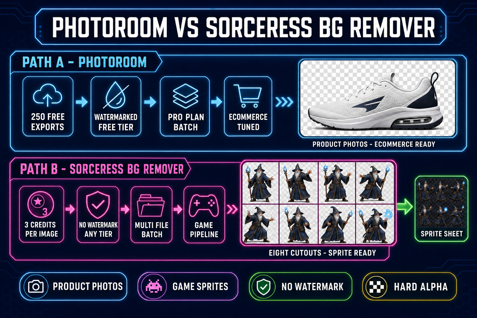 Side-by-side comparison diagram of Photoroom versus Sorceress BG Remover - top lane shows Photoroom with a single product sneaker cutout tuned for ecommerce - bottom lane shows Sorceress with eight character cutouts arranged into a sprite sheet - both lanes labelled with their distinct strengths