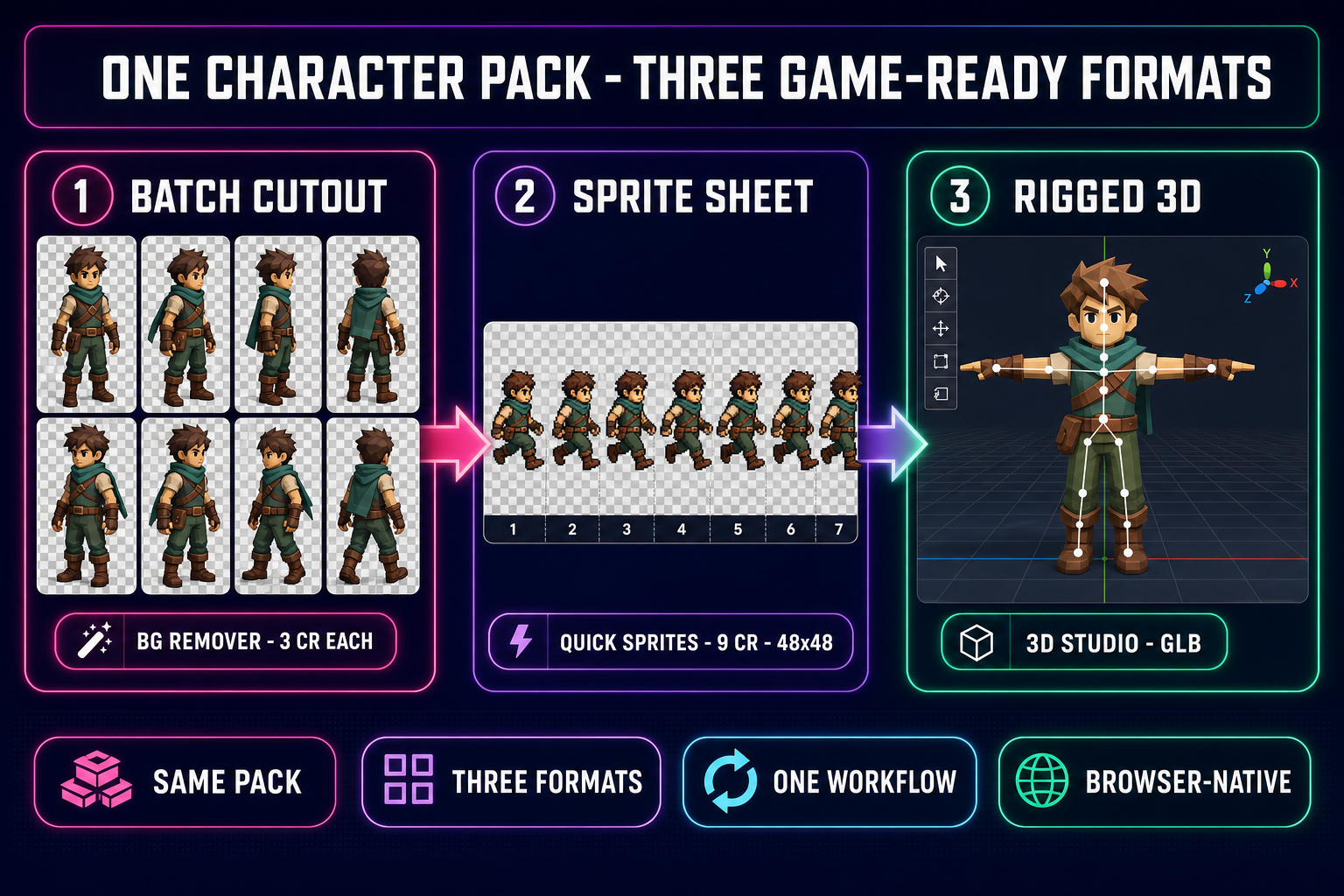 Diagram showing one character pack transformed into three game-ready formats - eight cutout frames from BG Remover at 3 credits each, an 8-frame walk cycle sprite sheet from Quick Sprites at 9 credits and 48 by 48 pixels, and a rigged 3D model in T-pose from 3D Studio - on a dark navy background with magenta, purple, and emerald accents