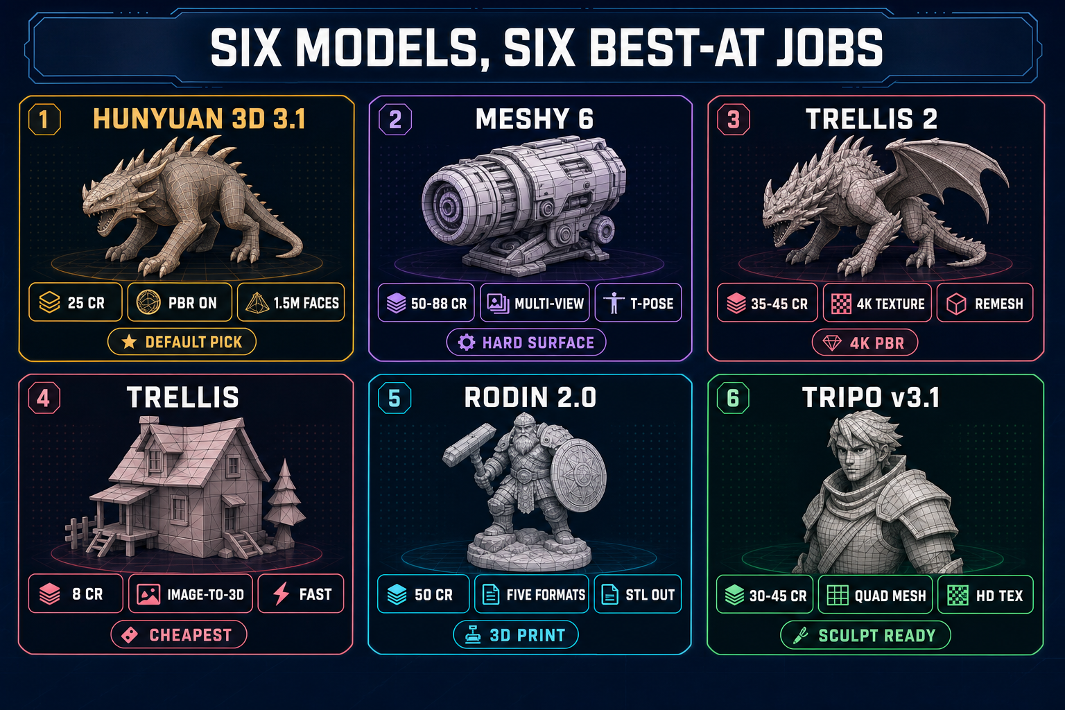 Six-model comparison grid for 2D image to 3D model converter showing Hunyuan 3D 3.1 (default pick at 25 credits), Meshy 6 (hard-surface props at 50-88 credits), TRELLIS 2 (4K textures at 35-45 credits), TRELLIS (cheapest at 8 credits), Rodin 2.0 (3D printing at 50 credits), and Tripo v3.1 (quad mesh at 30-45 credits), each with its best-at job tag