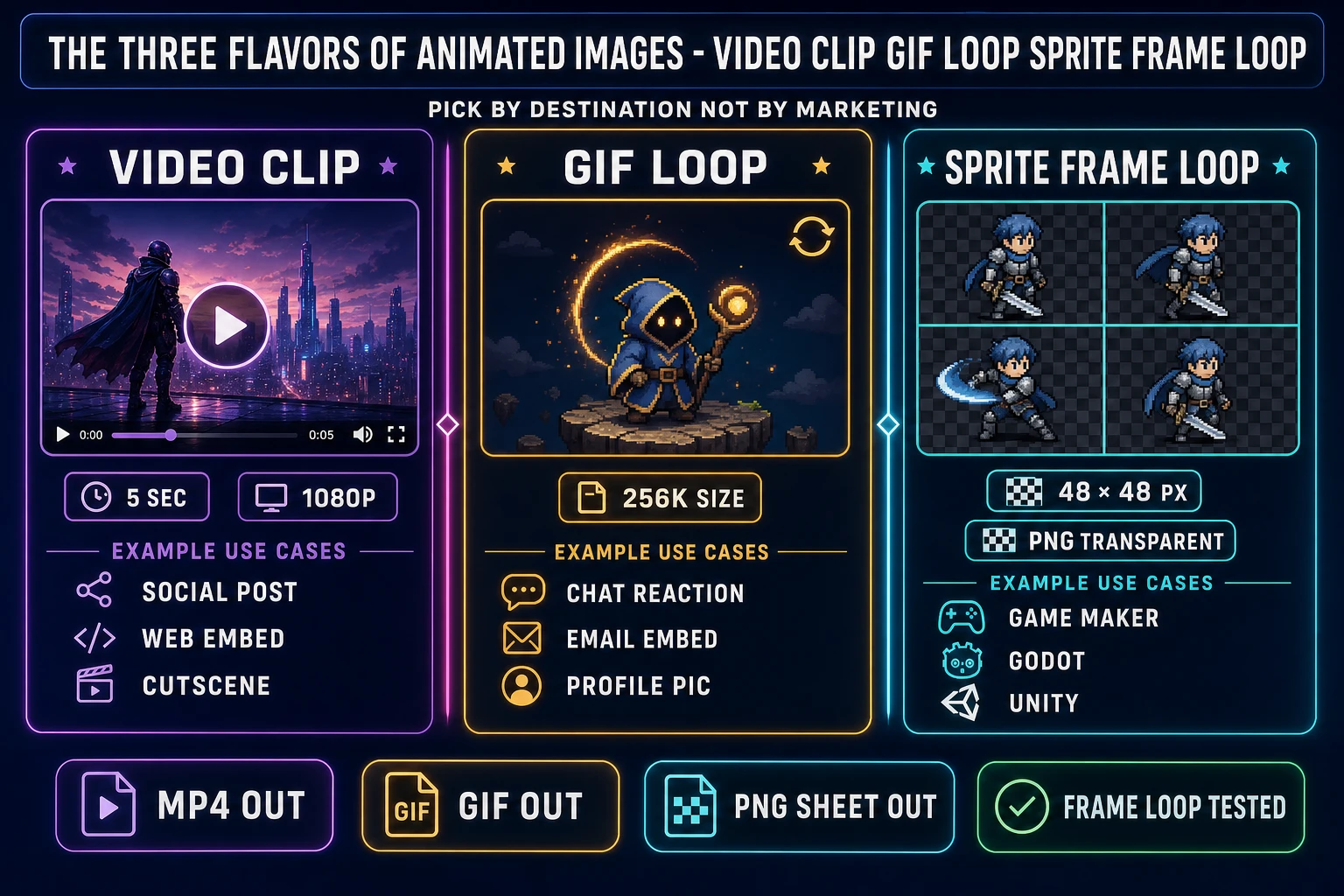 Three-lane diagram of an ai animation image generator output formats on a dark navy background: video clip lane with 5 second 1080p MP4 thumbnail and social post web embed cutscene use cases, GIF loop lane with animated GIF thumbnail and chat reaction email embed profile pic use cases, sprite frame loop lane with four-frame 48 by 48 sprite sheet and Game Maker Godot Unity use cases. Pick the ai animation image generator output by destination not by marketing.