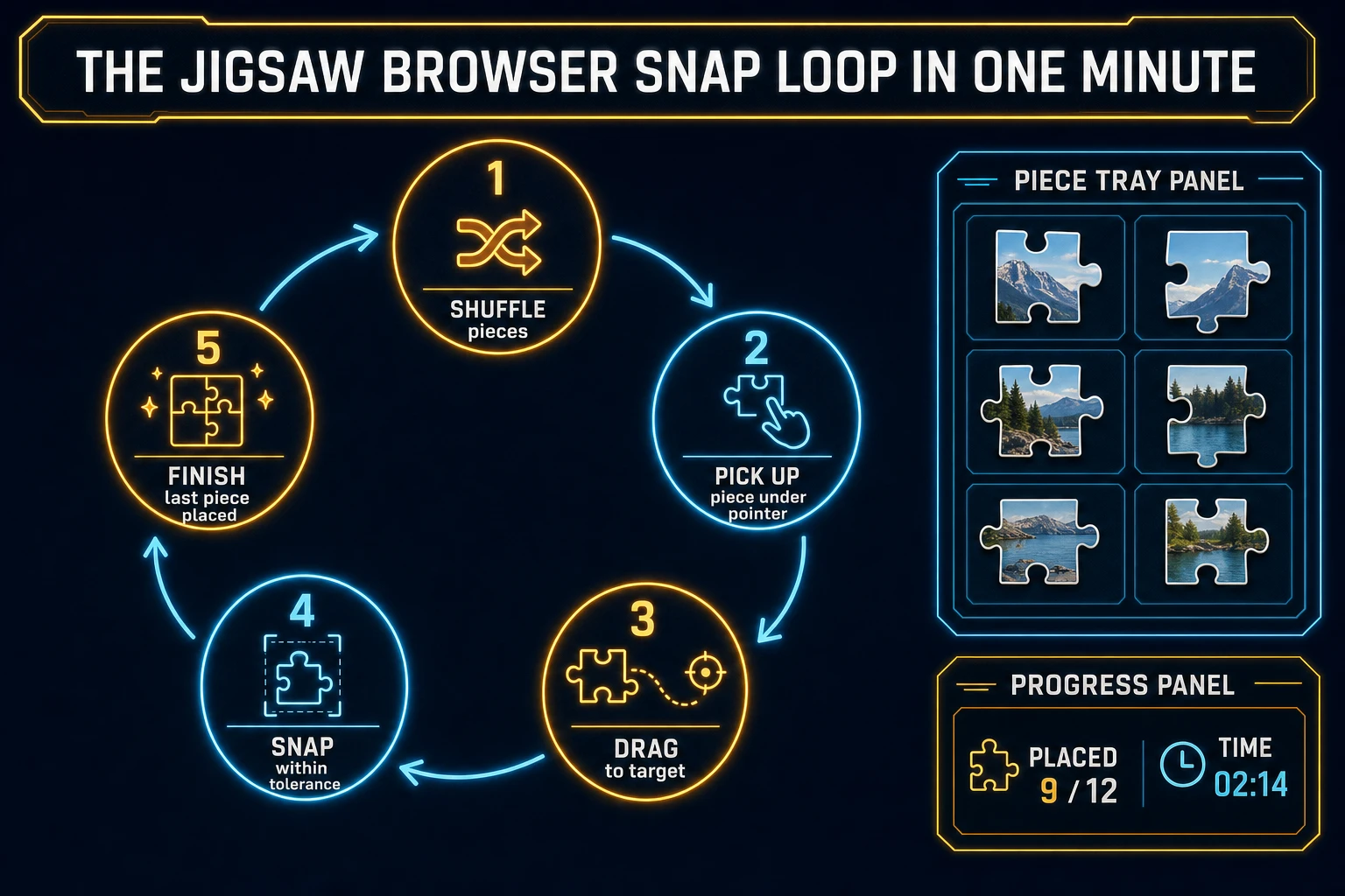 Jigsaw browser snap loop state machine diagram showing shuffle pieces, pick up under pointer, drag to target, snap within tolerance, and finish last piece placed