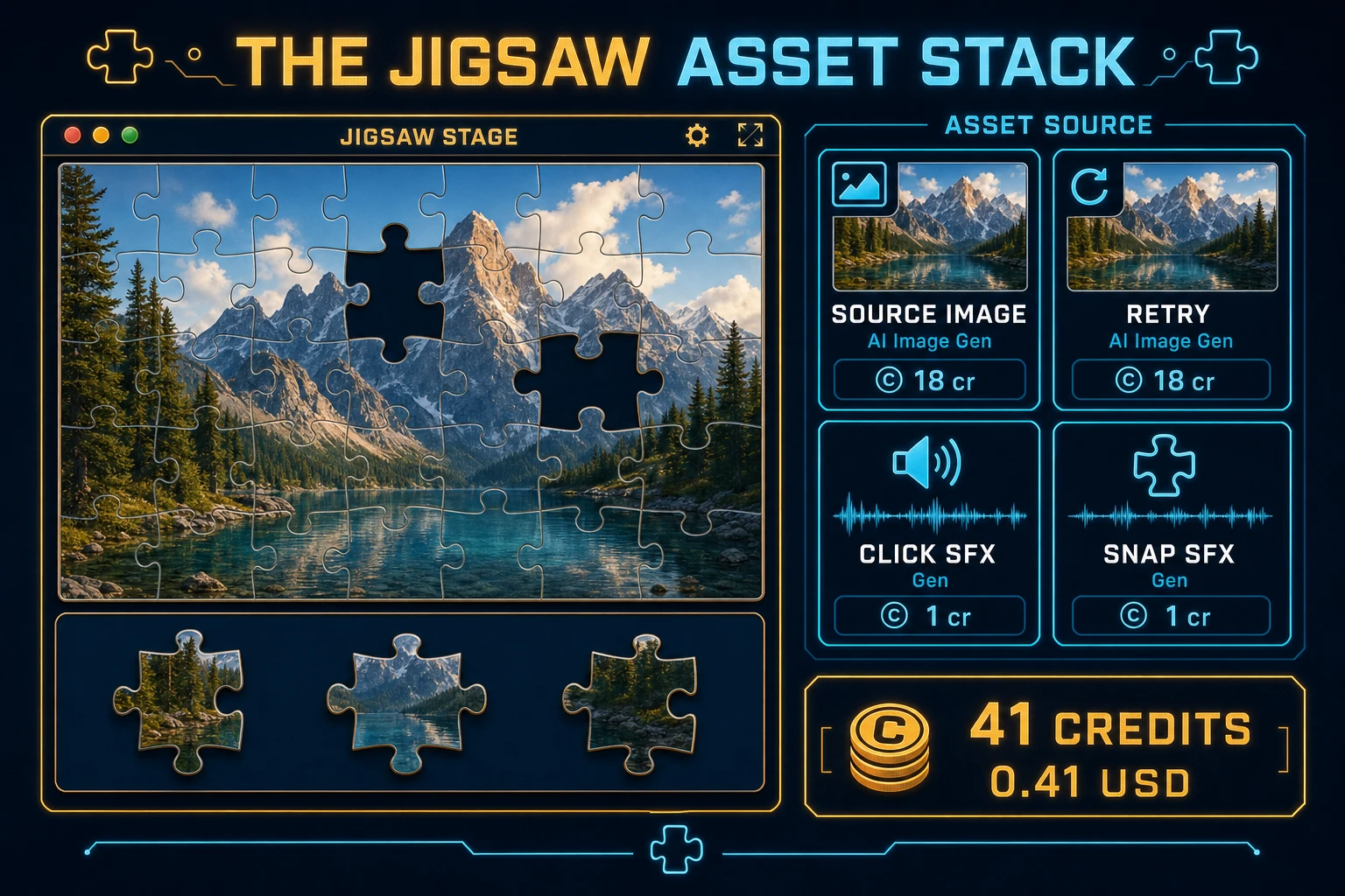 Jigsaw puzzle asset stack diagram showing AI Image Gen source and retry, SFX Gen click and snap cues, with roughly 41 credit total