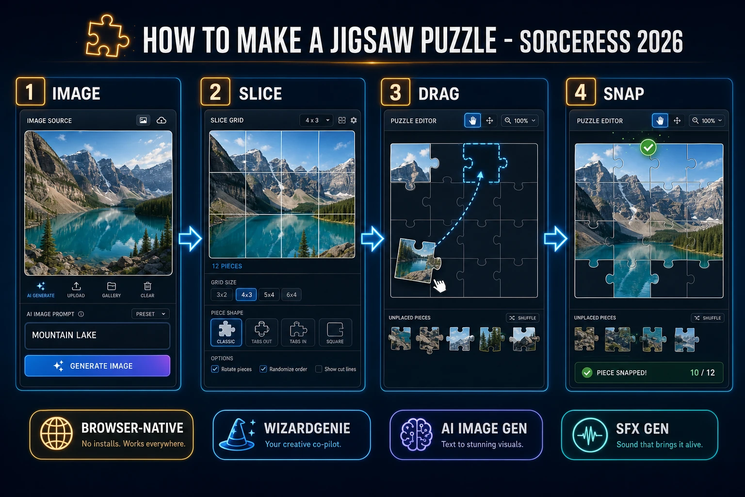 How to make a jigsaw puzzle browser pipeline: generate one source image, slice the grid, wire drag-and-snap in WizardGenie, and add SFX Gen cues