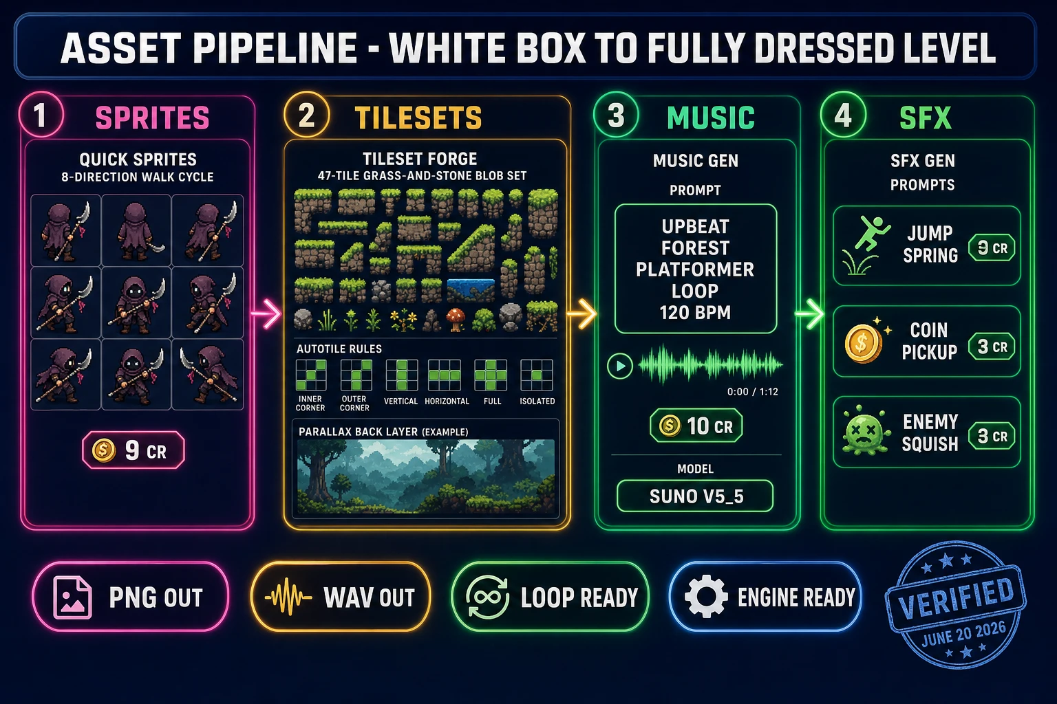 Asset pipeline product diagram showing four numbered steps - Quick Sprites walk cycle, Tileset Forge 47-tile blob set with parallax layer, Music Gen platformer loop, and SFX Gen one-shots - all engine-ready, verified June 20, 2026