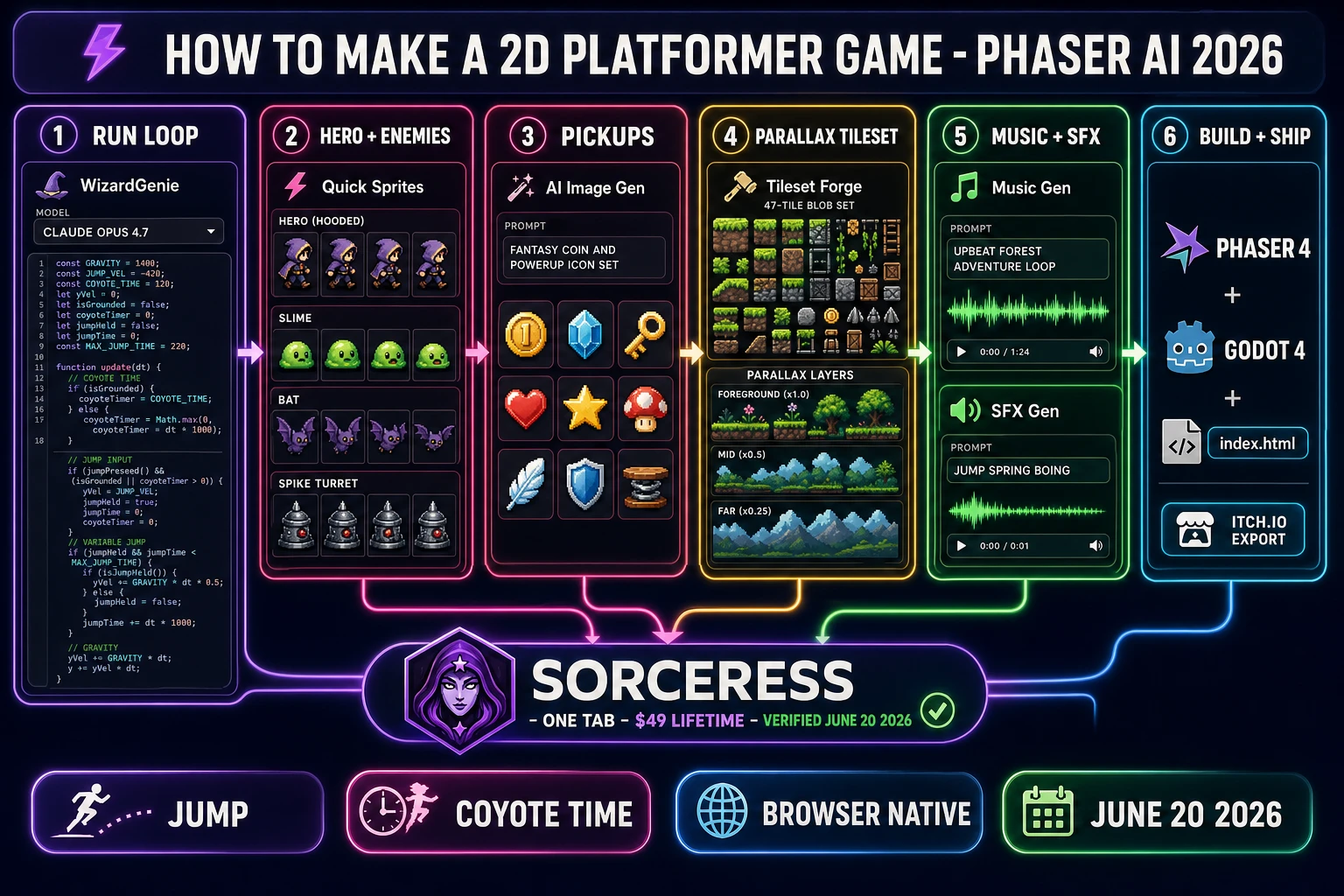 How to make a 2D platformer game in 2026 - browser AI pipeline showing run loop, hero and enemy sprites, pickup icons, parallax tileset, music and SFX, and a Phaser/Godot ship target verified June 20, 2026