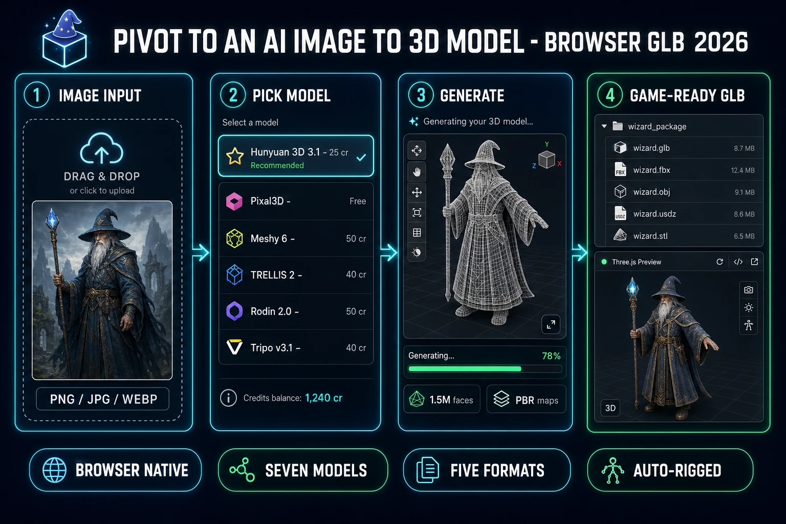 AI image to 3D model pipeline diagram - drag and drop image upload, seven model picker with Hunyuan 3D 3.1 at 25 credits Pixal3D free Meshy 6 at 50 credits TRELLIS 2 at 40 credits Rodin 2.0 at 50 credits and Tripo v3.1 at 40 credits, real-time 3D preview with 1.5M faces and PBR maps, and five-format export to GLB FBX OBJ USDZ STL