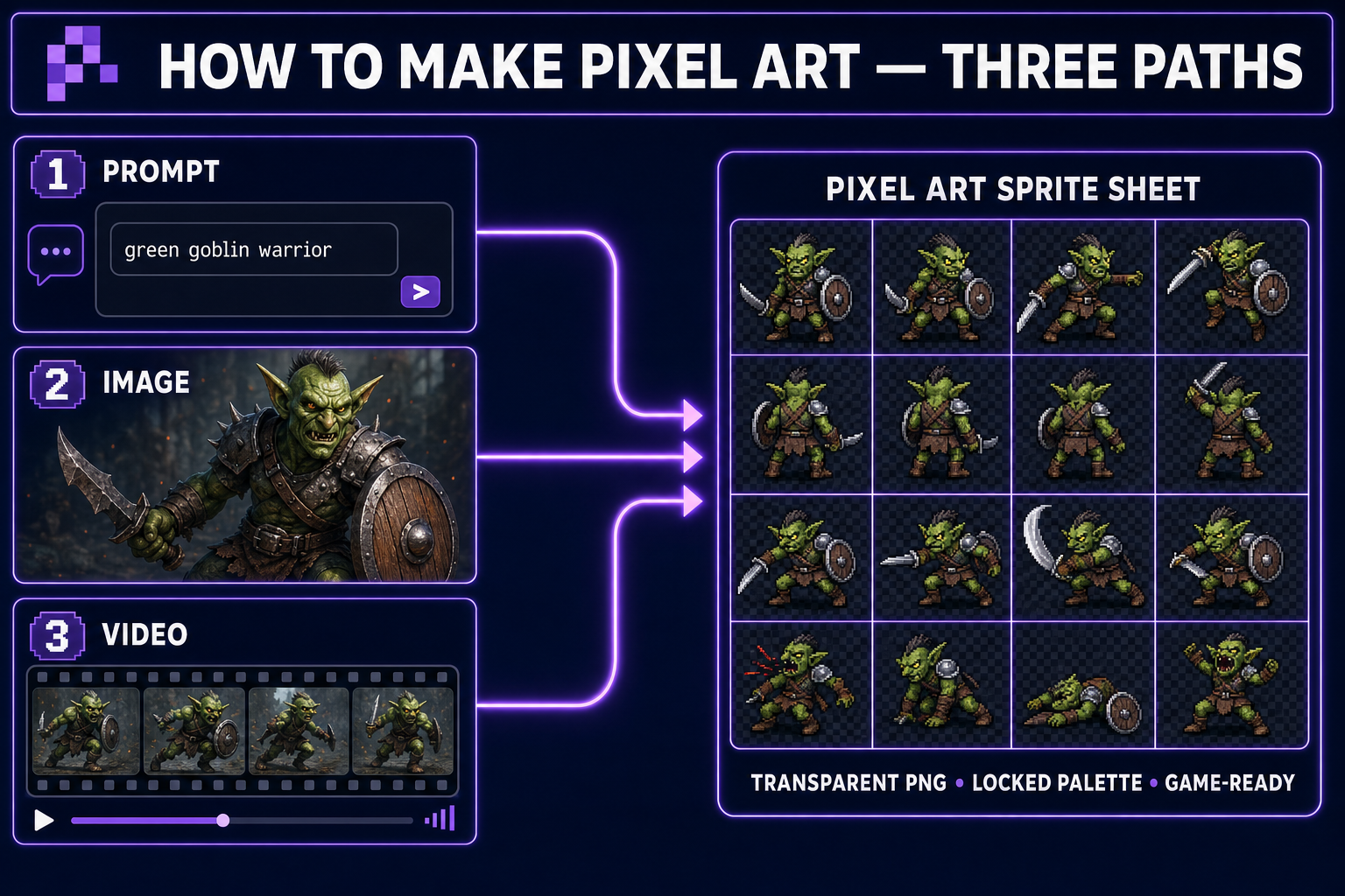 Diagram showing three input types becoming pixel art: prompt, image, and video
