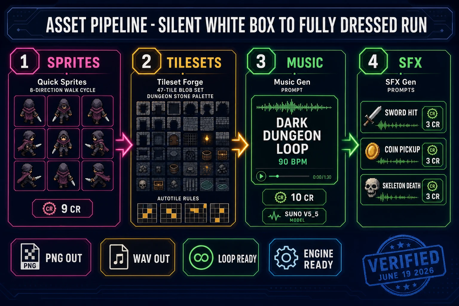 Asset pipeline product diagram showing four numbered steps - Quick Sprites walk cycle, Tileset Forge 47-tile blob set, Music Gen dungeon loop, and SFX Gen one-shots - all engine-ready, verified June 19, 2026