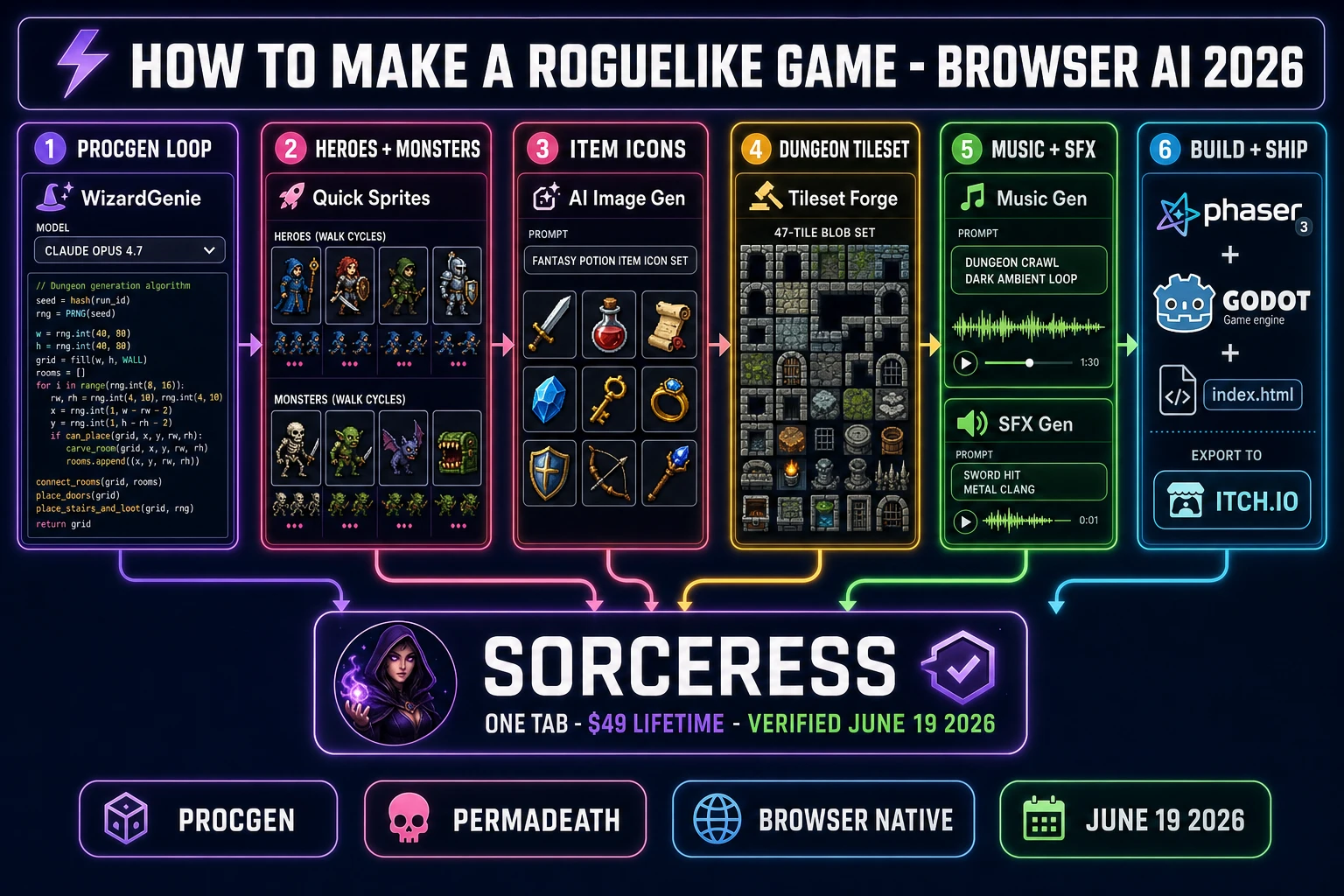 How to make a roguelike game in 2026 - browser AI pipeline showing procgen loop, hero and monster sprites, item icons, dungeon tileset, music and SFX, and a Phaser/Godot ship target verified June 19, 2026