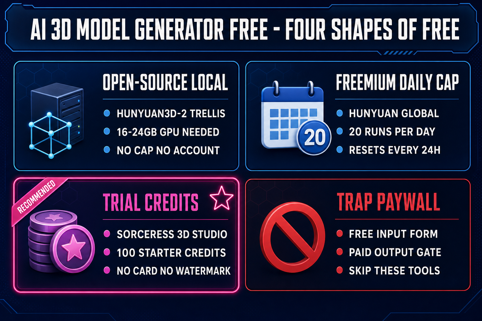 Four shapes of AI 3D model generator free deal compared - open-source local, freemium daily cap, trial credits, trap paywall