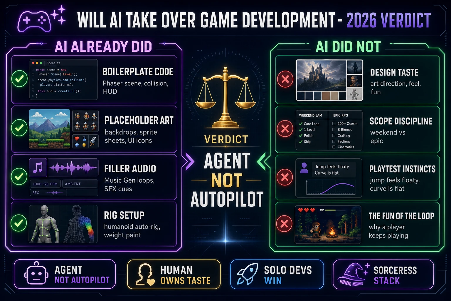 Will ai take over game development in 2026 verdict split-screen: AI already replaced boilerplate code, placeholder art, filler audio, and rig setup; AI did not replace design taste, scope discipline, playtest instincts, or the fun of the loop - agent not autopilot