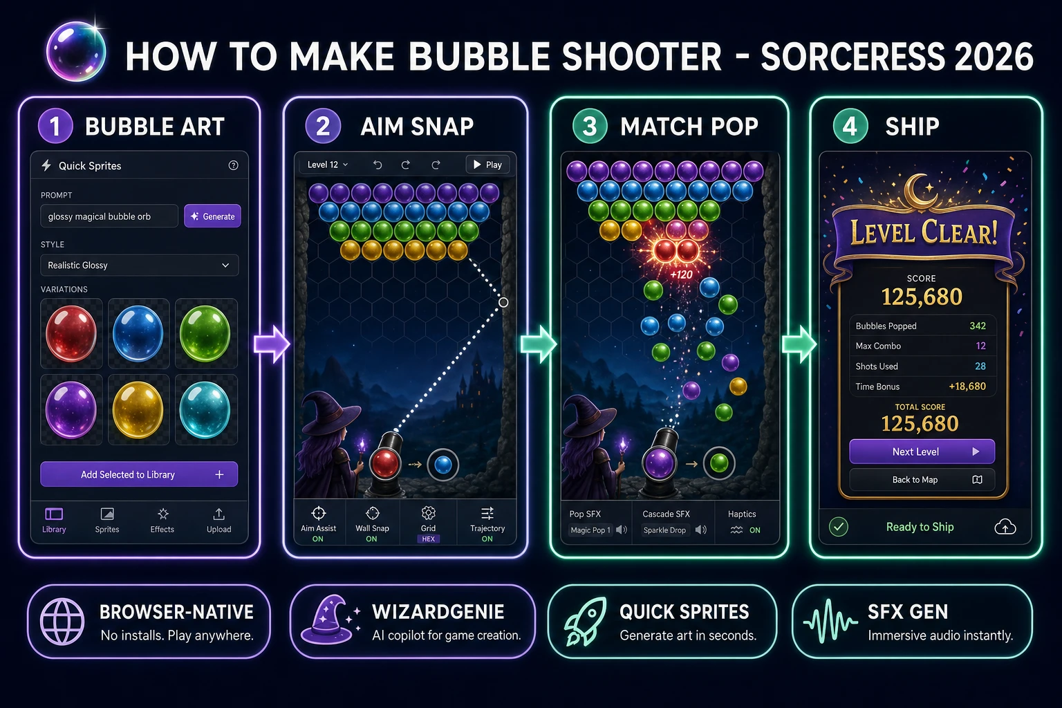 How to make bubble shooter browser pipeline: generate colored bubbles in Quick Sprites, wire aim snap and match-three pop in WizardGenie, and ship a browser match pop loop