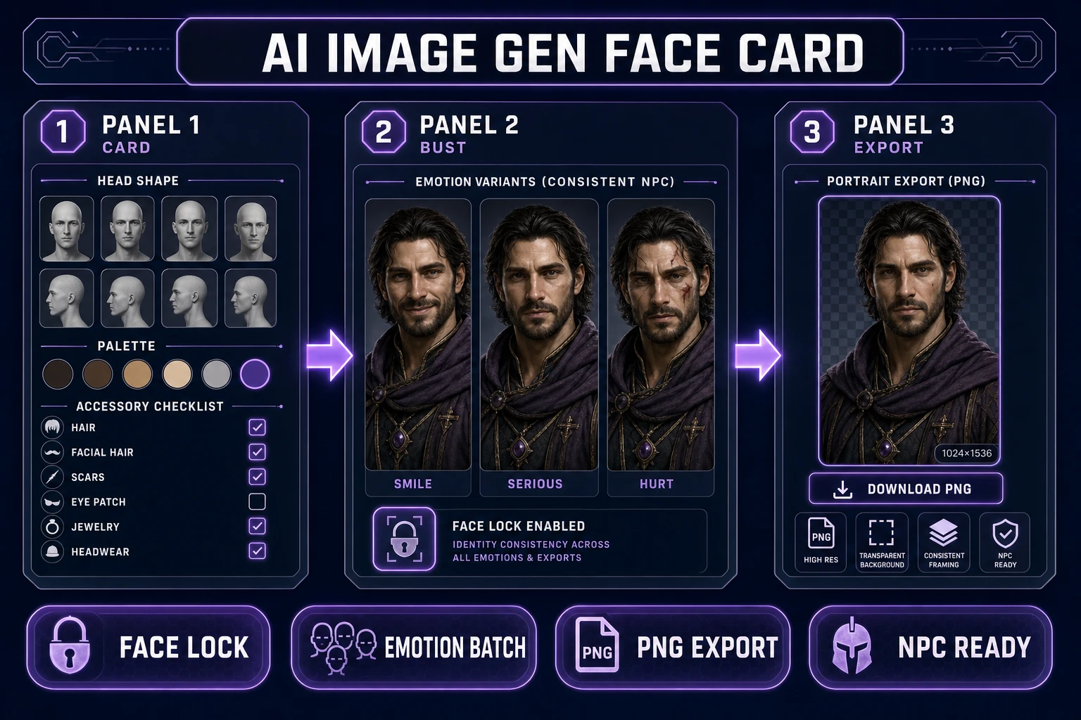 AI Image Gen face card and emotion batch for an ai portrait generator workflow, verified July 16, 2026
