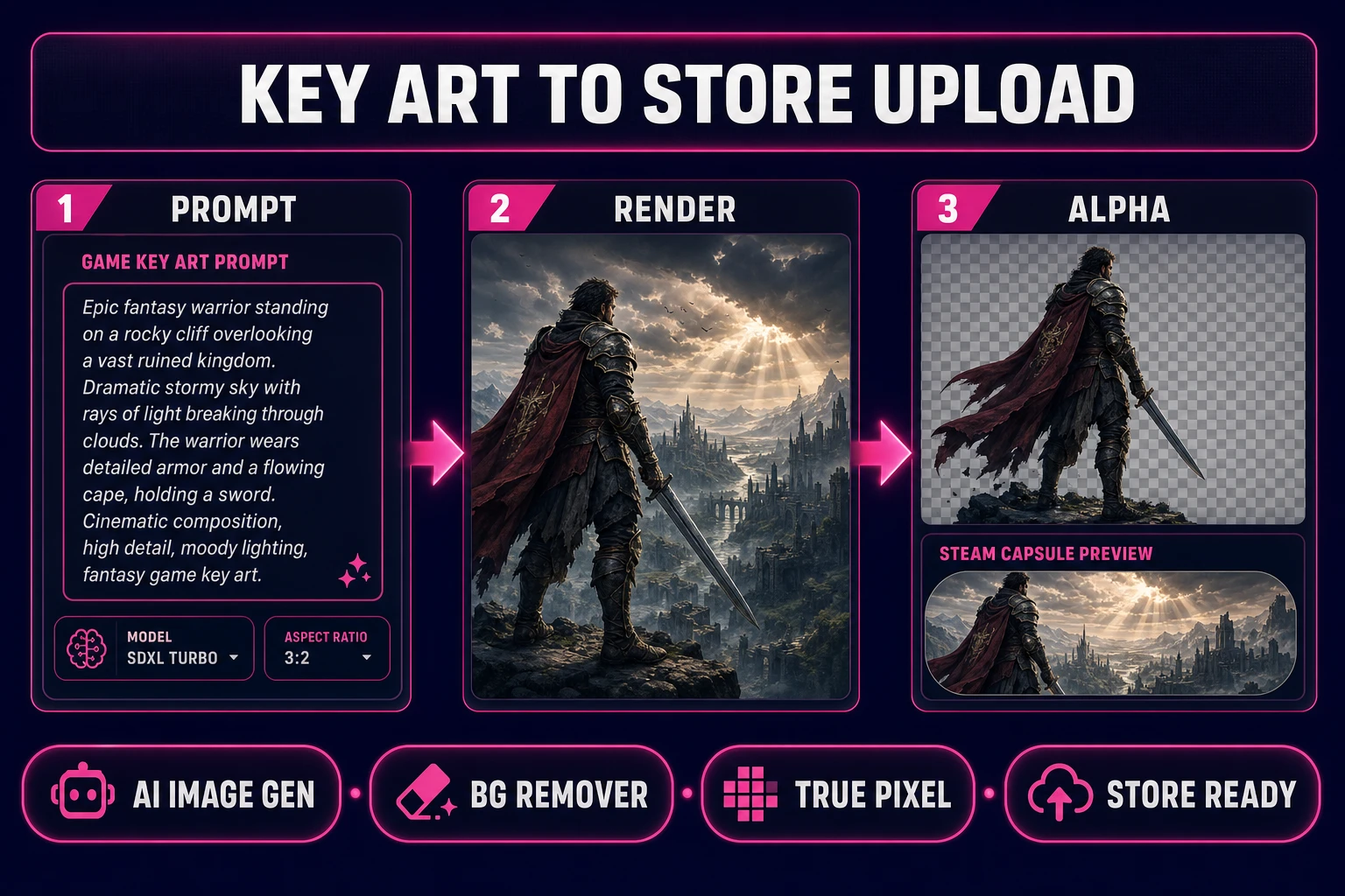 AI Image Gen and BG Remover completing a steam capsule art key-art to upload pipeline, verified July 17, 2026