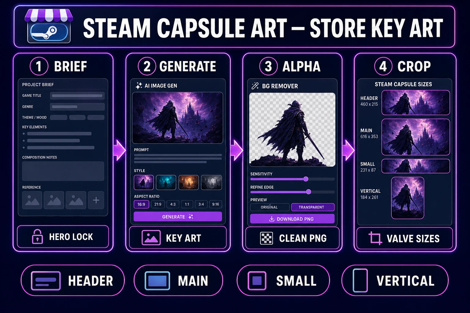 Steam capsule art in 2026, four-step store key-art pack from silhouette brief through AI Image Gen, BG Remover, and Valve-size crops, verified July 17, 2026