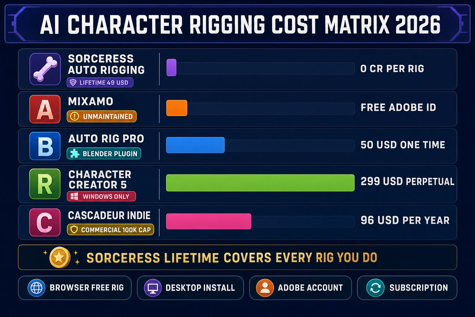 AI character rigging cost matrix 2026 - Sorceress zero credits vs Mixamo free vs Auto-Rig Pro 50 dollars vs Character Creator 5 299 dollars vs Cascadeur Indie 96 per year
