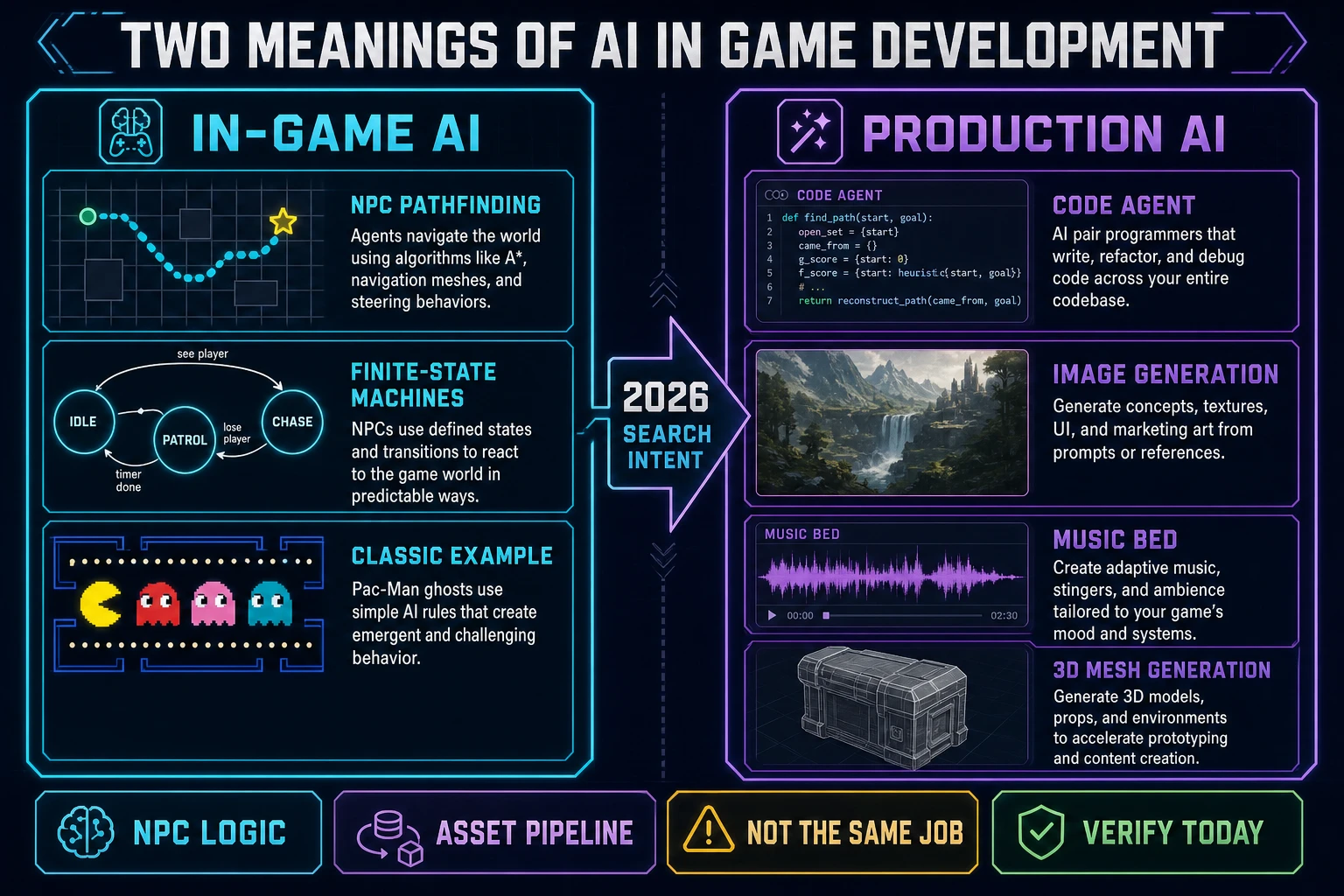 Two meanings of AI in game development: in-game NPC AI versus production AI