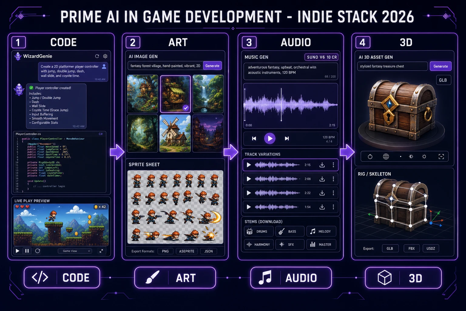 AI in game development pipeline across code, art, audio, and 3D panels