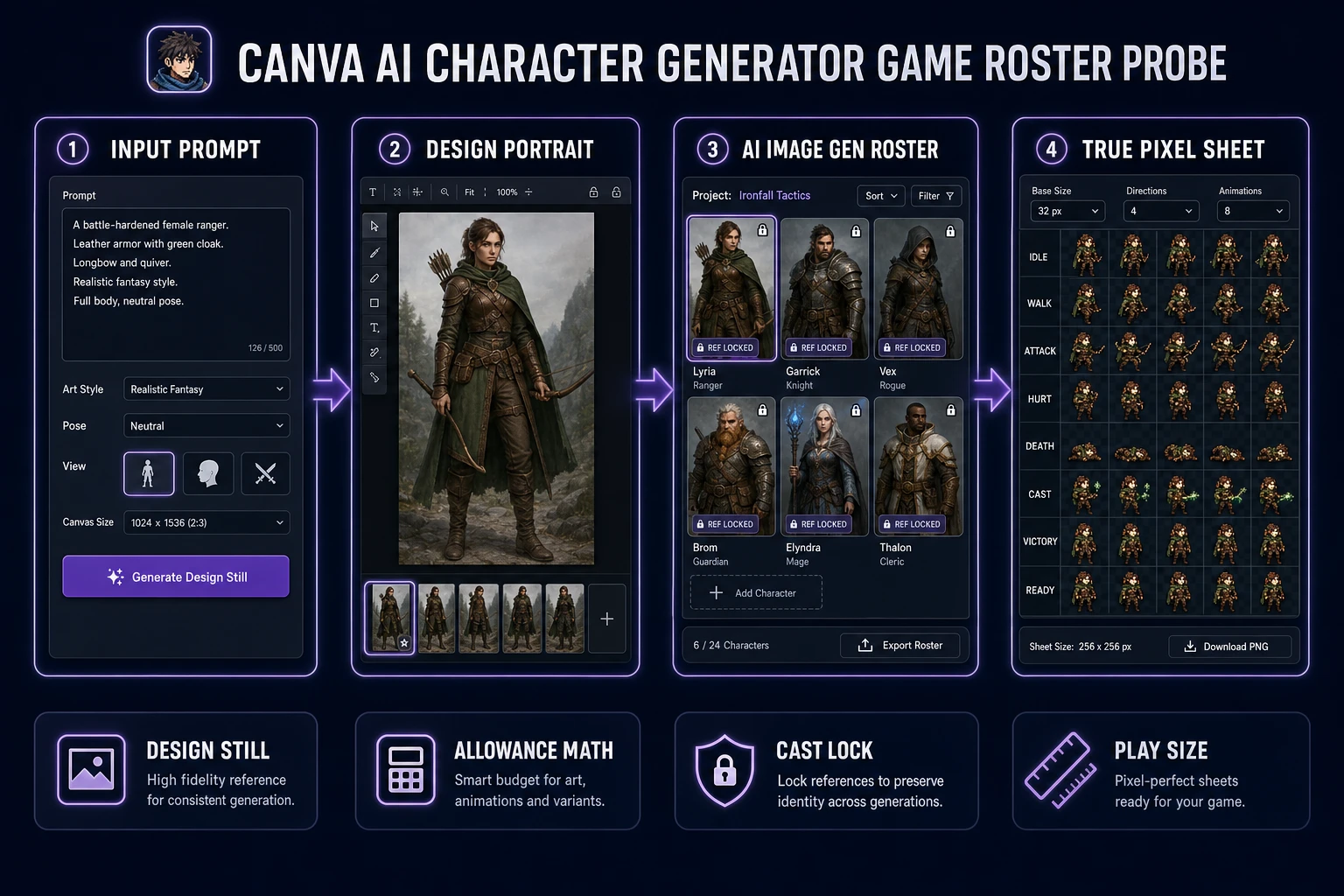 canva ai character generator probe from design portrait to game roster sprite sheet