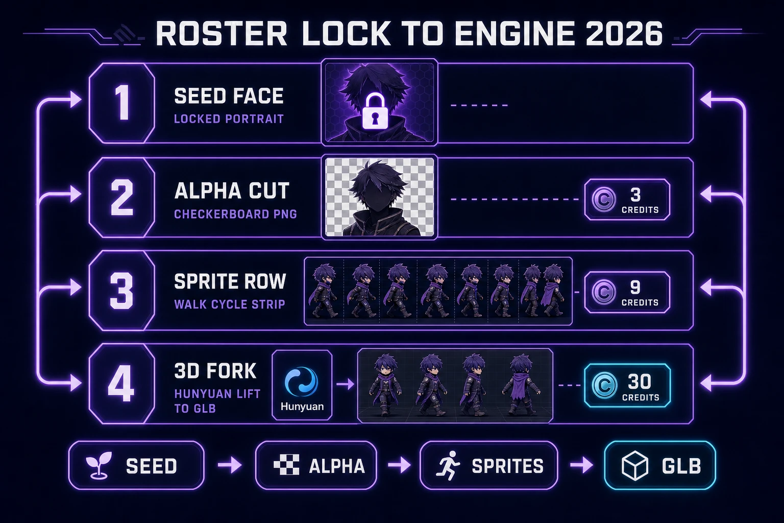AI character generator perchance roster lock to engine loop with alpha, sprites, and optional GLB
